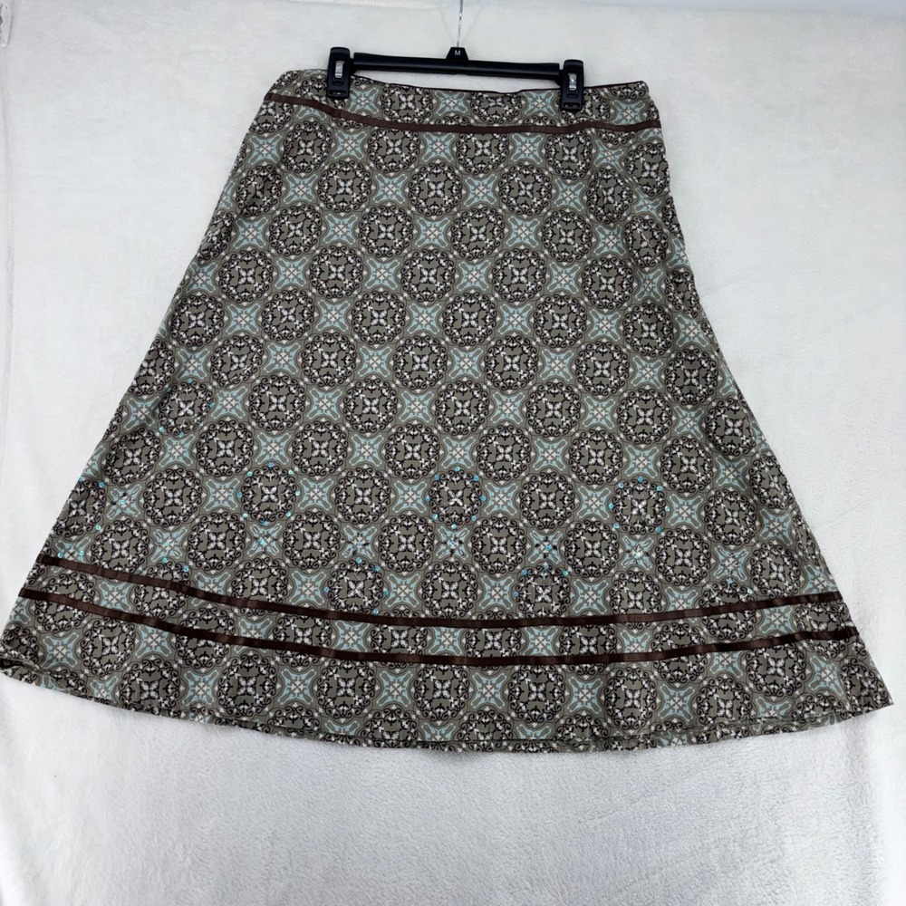Linden Hill Medallion Print Sequin Cotton Midi Skirt Womens Size 12 Olive Brown